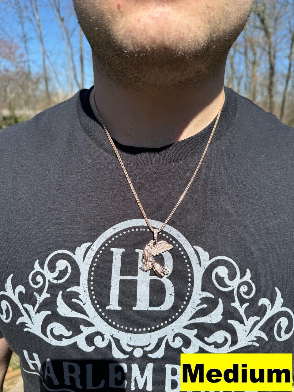 HarlemBling Moissanite Guardian Angel Pendant Real 14k Rose Gold & 925 Silver Iced Necklace