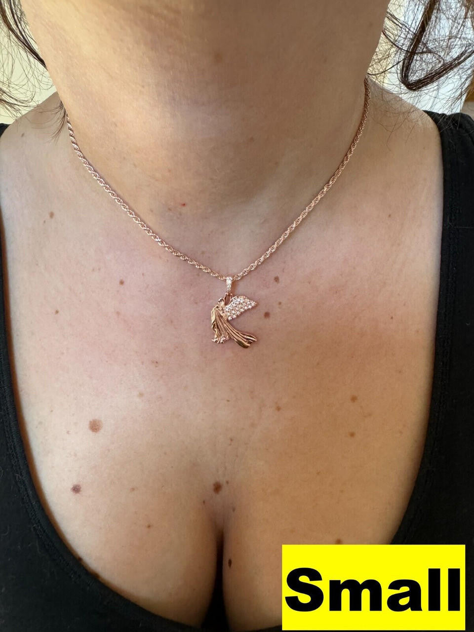 HarlemBling Moissanite Guardian Angel Pendant Real 14k Rose Gold & 925 Silver Iced Necklace