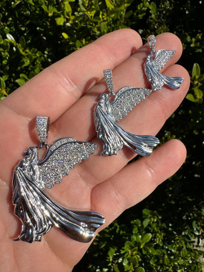 HarlemBling Moissanite Guardian Angel Wing Pendant Real 925 Silver Iced Necklace Mens Ladies