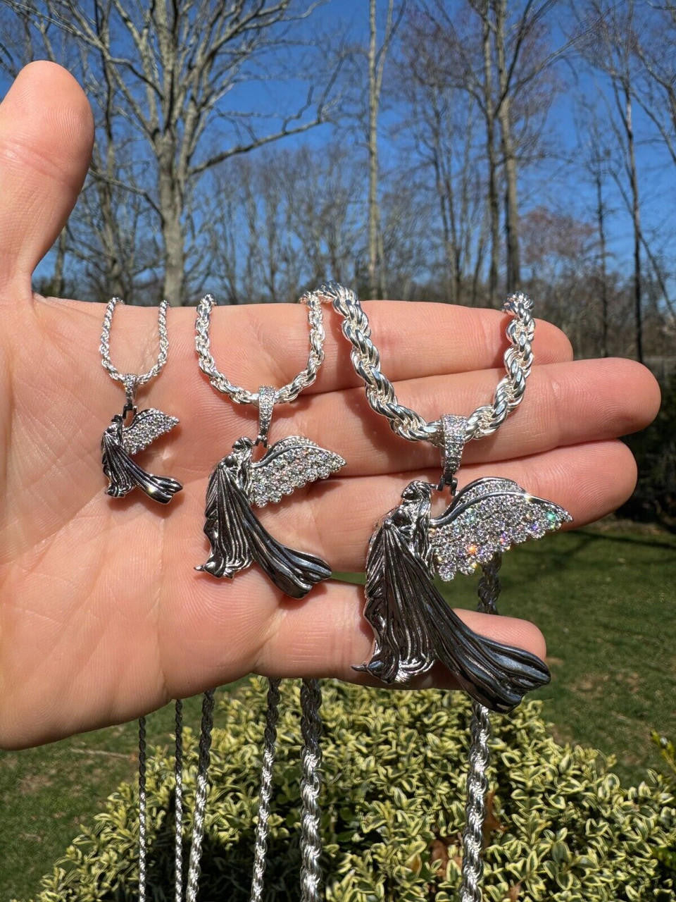 HarlemBling Moissanite Guardian Angel Wing Pendant Real 925 Silver Iced Necklace Mens Ladies