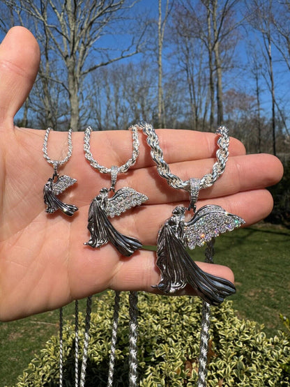 HarlemBling Moissanite Guardian Angel Wing Pendant Real 925 Silver Iced Necklace Mens Ladies