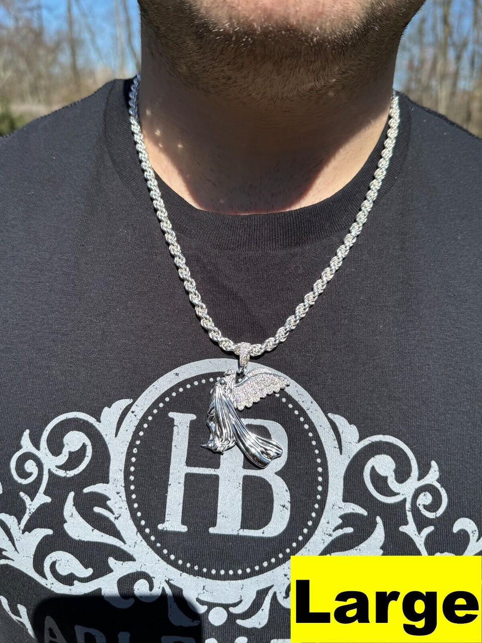 HarlemBling Moissanite Guardian Angel Wing Pendant Real 925 Silver Iced Necklace Mens Ladies