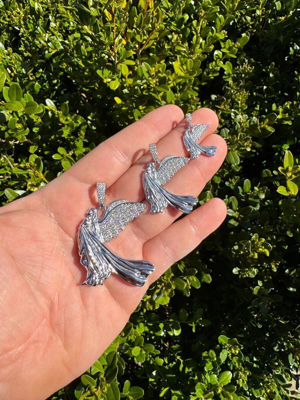 HarlemBling Moissanite Guardian Angel Wing Pendant Real 925 Silver Iced Necklace Mens Ladies