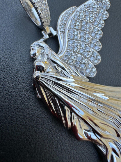 HarlemBling Moissanite Guardian Angel Wing Pendant Real 925 Silver Iced Necklace Mens Ladies