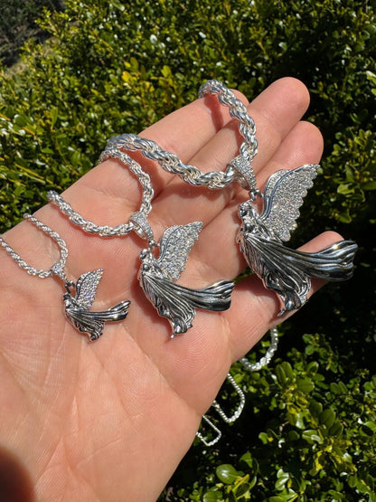 HarlemBling Moissanite Guardian Angel Wing Pendant Real 925 Silver Iced Necklace Mens Ladies