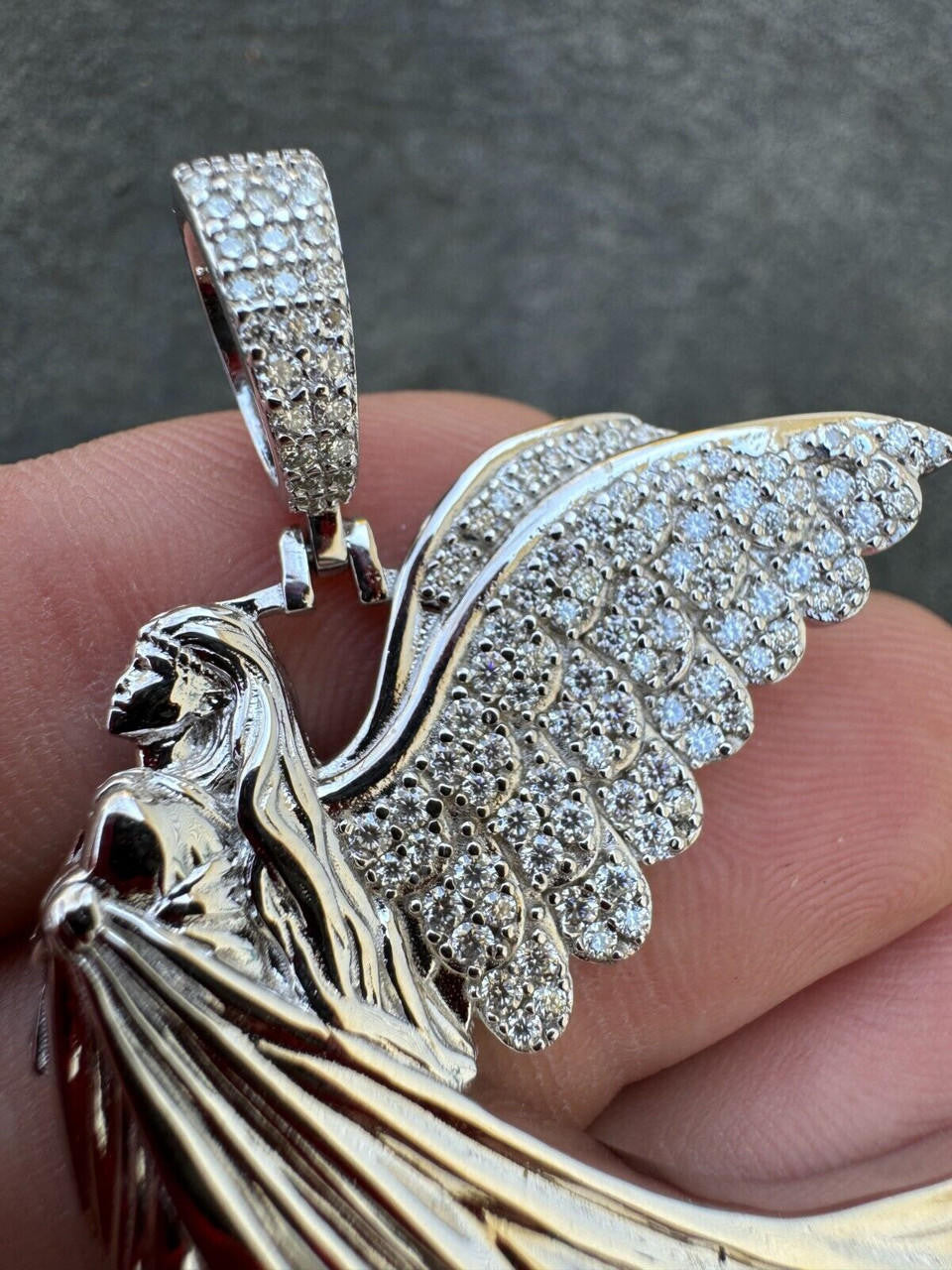 HarlemBling Moissanite Guardian Angel Wing Pendant Real 925 Silver Iced Necklace Mens Ladies