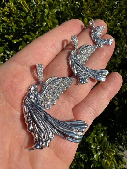 HarlemBling Moissanite Guardian Angel Wing Pendant Real 925 Silver Iced Necklace Mens Ladies