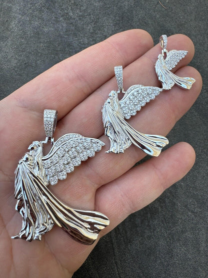 HarlemBling Moissanite Guardian Angel Wing Pendant Real 925 Silver Iced Necklace Mens Ladies
