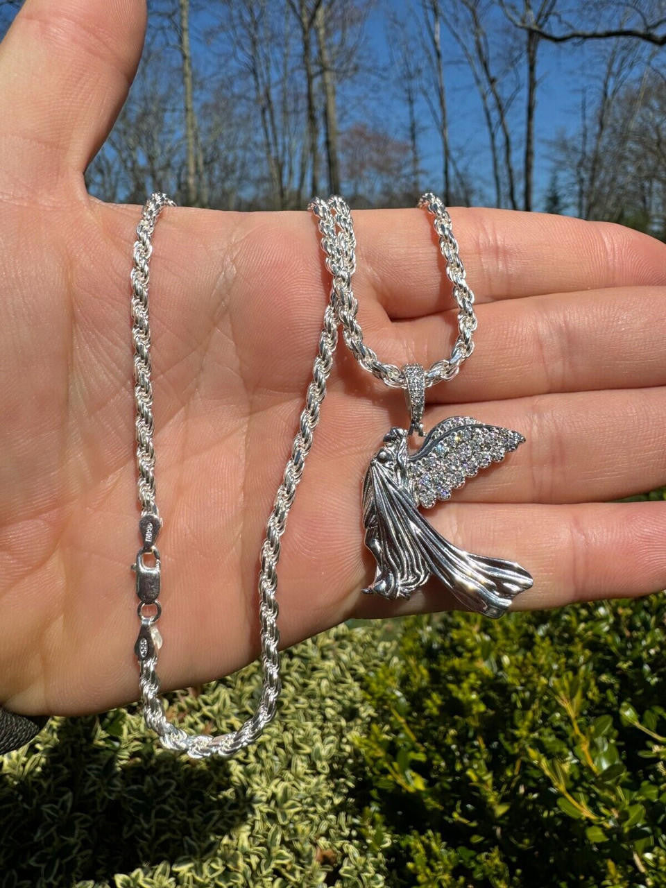 HarlemBling Moissanite Guardian Angel Wing Pendant Real 925 Silver Iced Necklace Mens Ladies