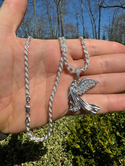 HarlemBling Moissanite Guardian Angel Wing Pendant Real 925 Silver Iced Necklace Mens Ladies