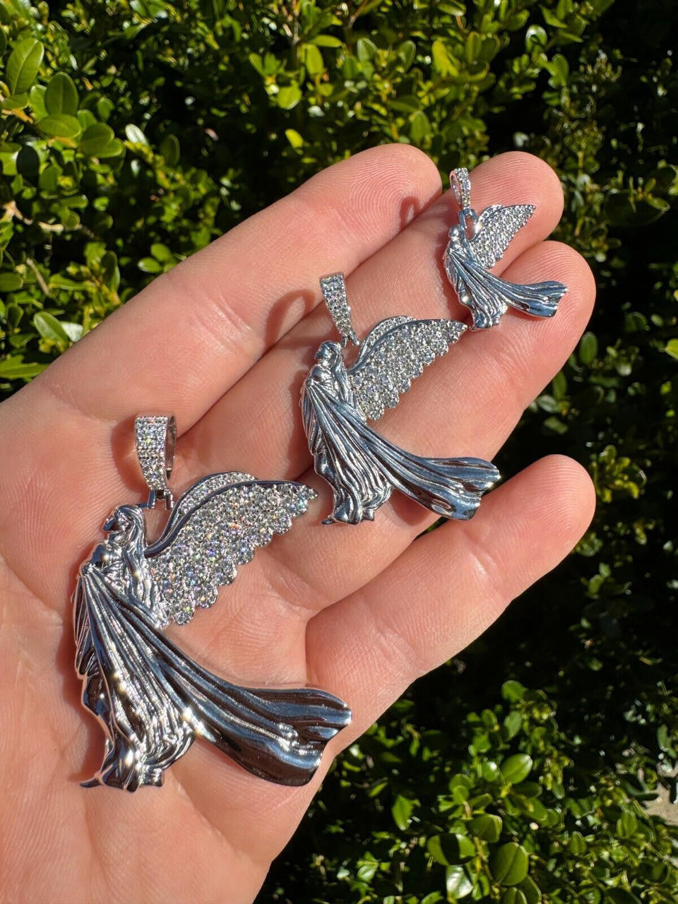 HarlemBling Moissanite Guardian Angel Wing Pendant Real 925 Silver Iced Necklace Mens Ladies