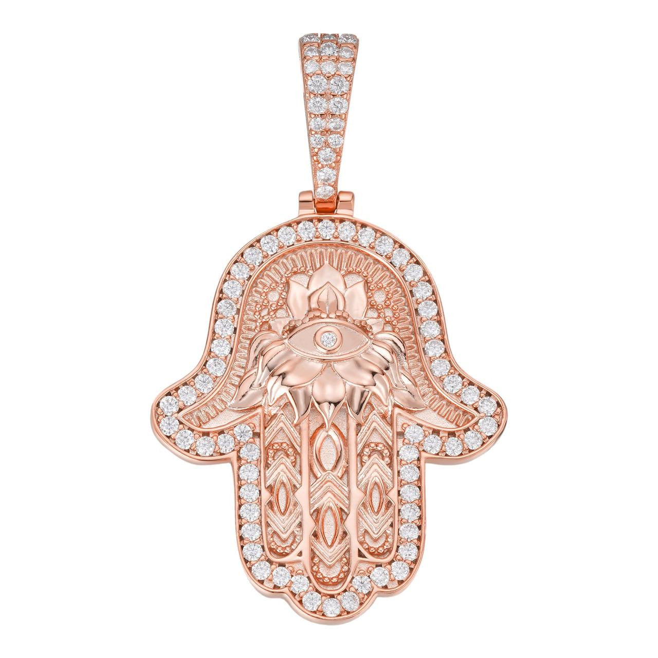 HarlemBling MOISSANITE Hamsa Evil Eye Hand Pendant - 14k Rose Gold Vermeil 925 Silver - 3 Sizes 1.25"-2.75"