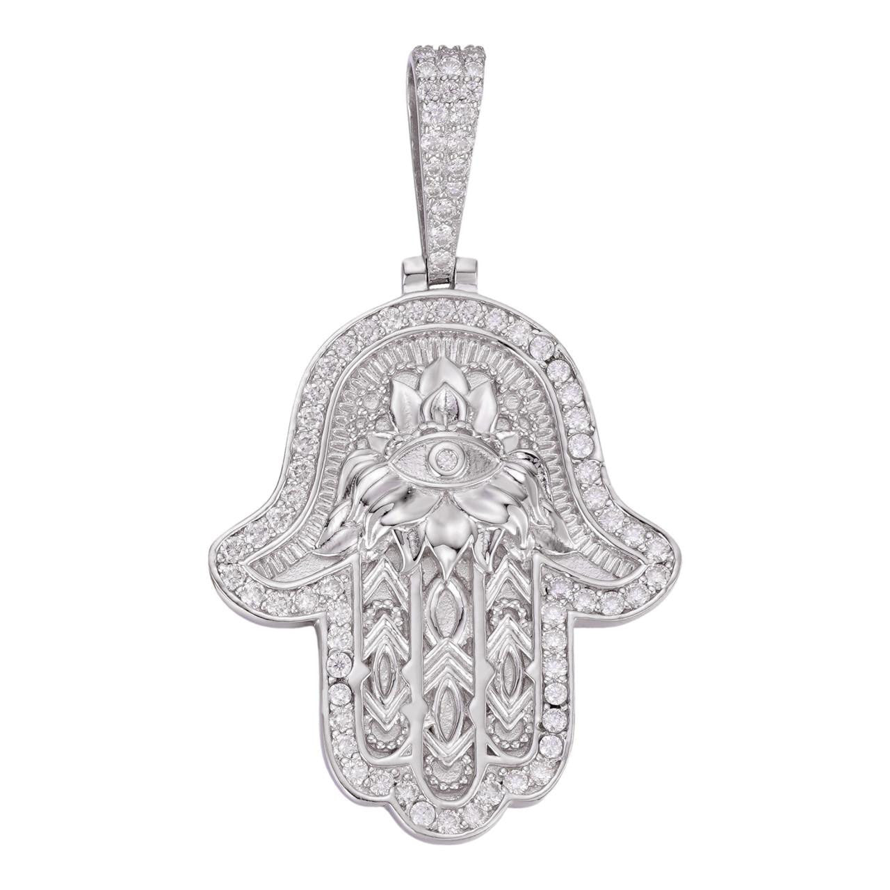 HarlemBling MOISSANITE Hamsa Evil Eye Hand Pendant - 925 Silver - 3 Sizes 1.25"-2.75"