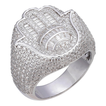 HarlemBling MOISSANITE Hamsa Hand Baguette Iced Out Ring - 925 Silver