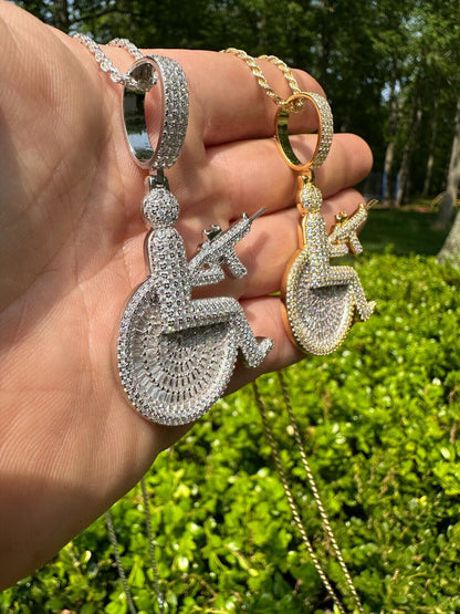 HarlemBling Moissanite Handicap In Wheelchair & AK47 Gun 925 Silver/Gold Plated Iced Pendant