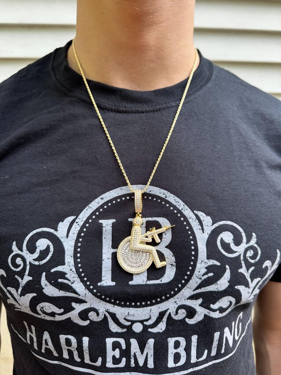 HarlemBling Moissanite Handicap In Wheelchair & AK47 Gun 925 Silver/Gold Plated Iced Pendant