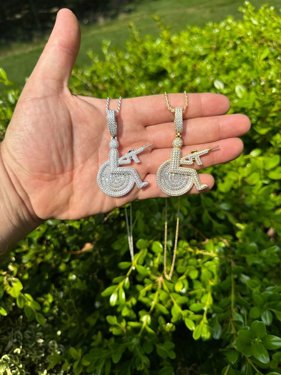 HarlemBling Moissanite Handicap In Wheelchair & AK47 Gun 925 Silver/Gold Plated Iced Pendant