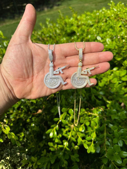 HarlemBling Moissanite Handicap In Wheelchair & AK47 Gun 925 Silver/Gold Plated Iced Pendant