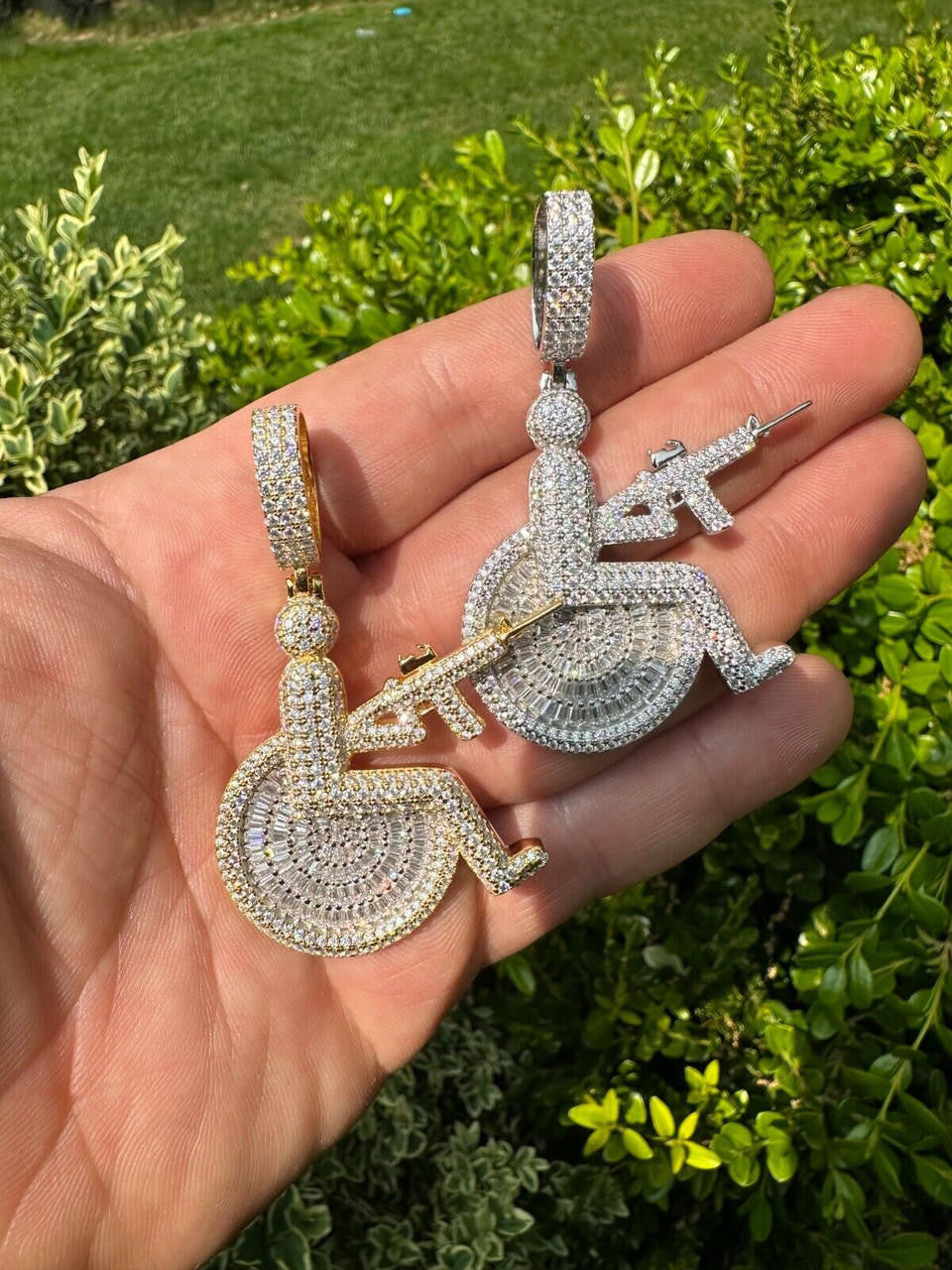 HarlemBling Moissanite Handicap In Wheelchair & AK47 Gun 925 Silver/Gold Plated Iced Pendant