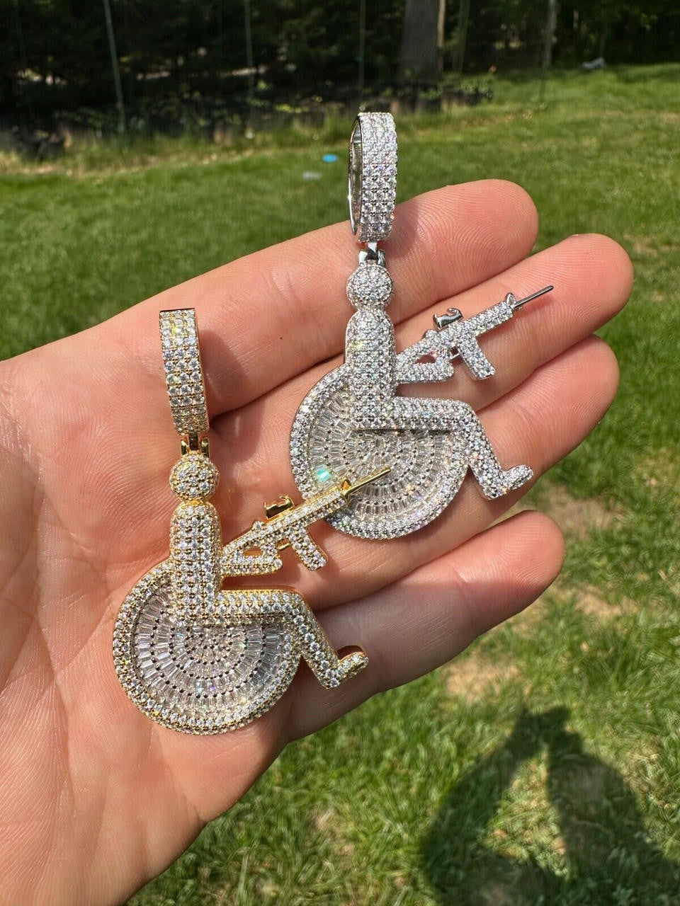 HarlemBling Moissanite Handicap In Wheelchair & AK47 Gun 925 Silver/Gold Plated Iced Pendant