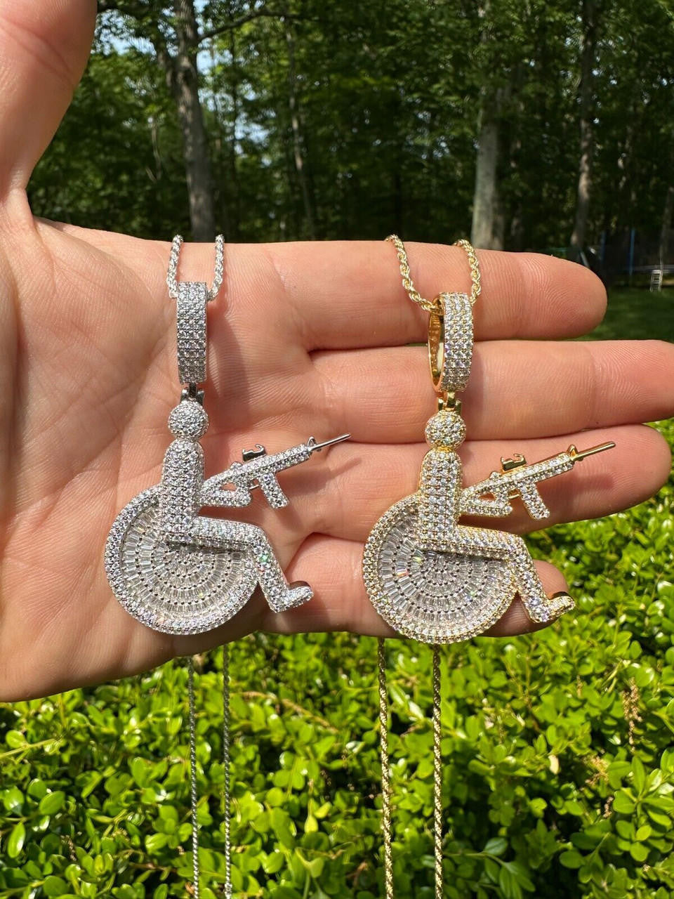 HarlemBling Moissanite Handicap In Wheelchair & AK47 Gun 925 Silver/Gold Plated Iced Pendant