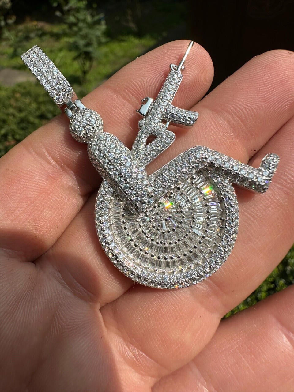 HarlemBling Moissanite Handicap In Wheelchair & AK47 Gun 925 Silver/Gold Plated Iced Pendant