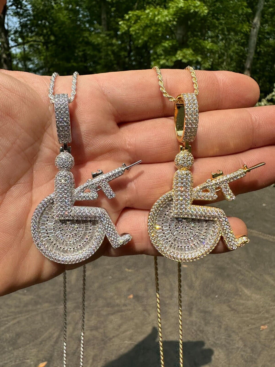 HarlemBling Moissanite Handicap In Wheelchair & AK47 Gun 925 Silver/Gold Plated Iced Pendant