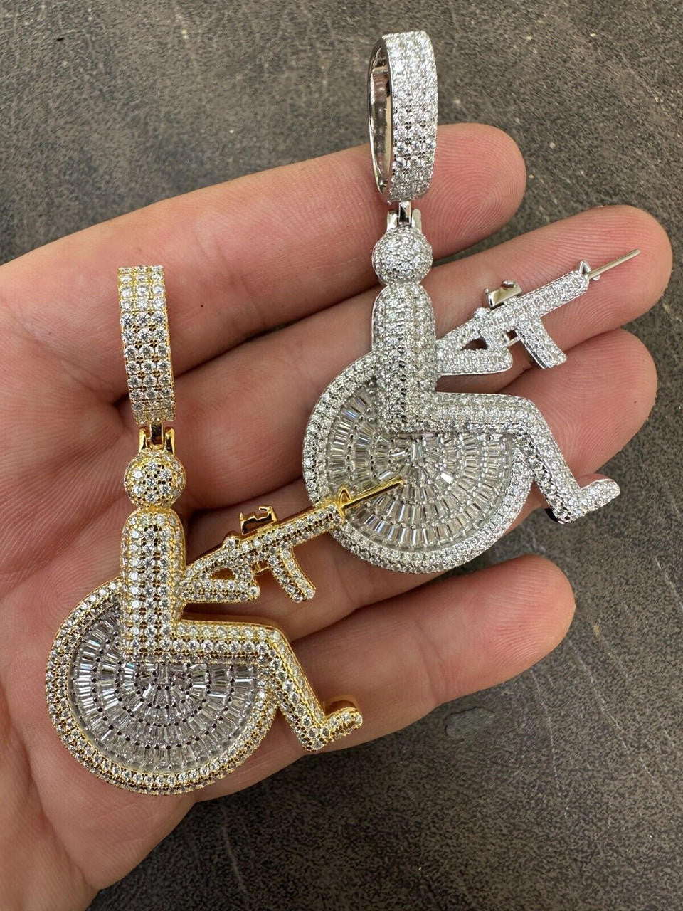 HarlemBling Moissanite Handicap In Wheelchair & AK47 Gun 925 Silver/Gold Plated Iced Pendant