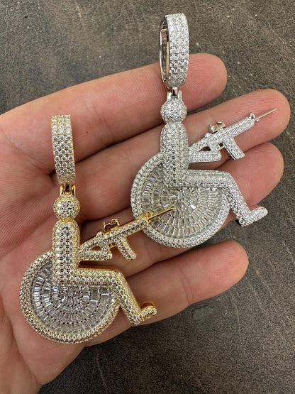 HarlemBling Moissanite Handicap In Wheelchair & AK47 Gun 925 Silver/Gold Plated Iced Pendant