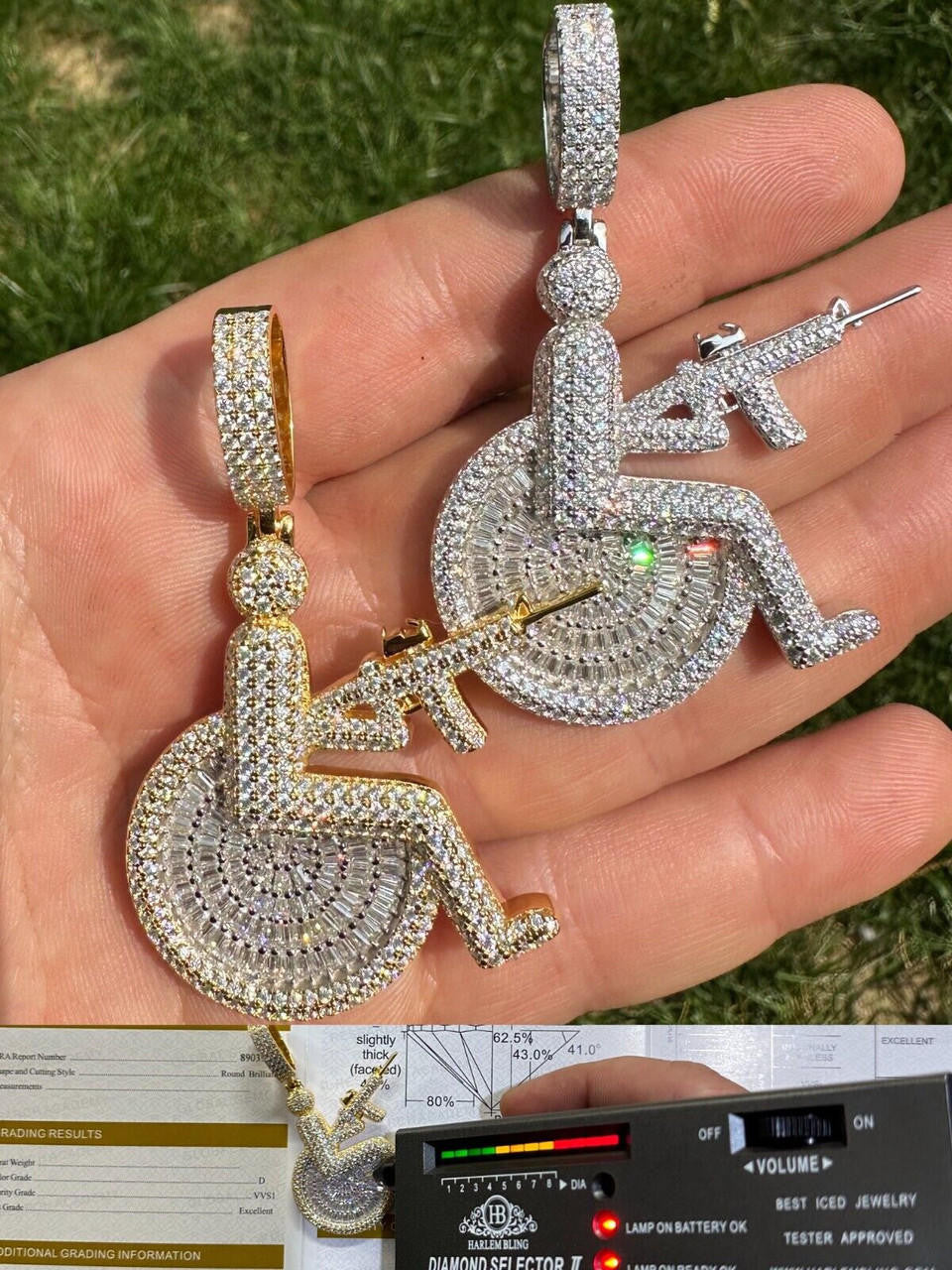 HarlemBling Moissanite Handicap In Wheelchair & AK47 Gun 925 Silver/Gold Plated Iced Pendant