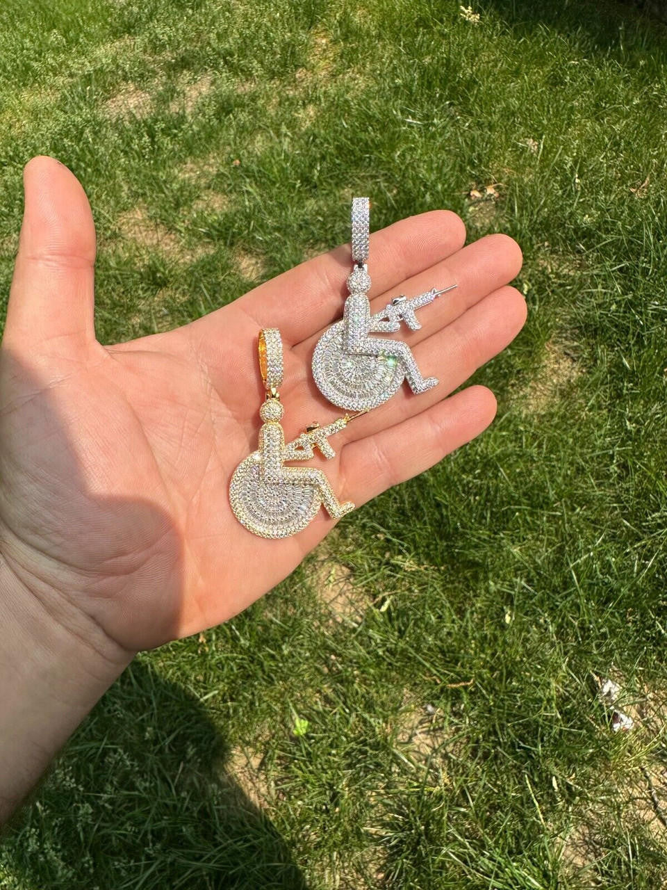 HarlemBling Moissanite Handicap In Wheelchair & AK47 Gun 925 Silver/Gold Plated Iced Pendant