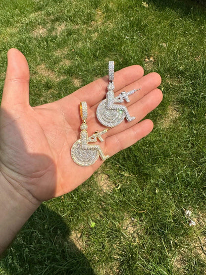 HarlemBling Moissanite Handicap In Wheelchair & AK47 Gun 925 Silver/Gold Plated Iced Pendant