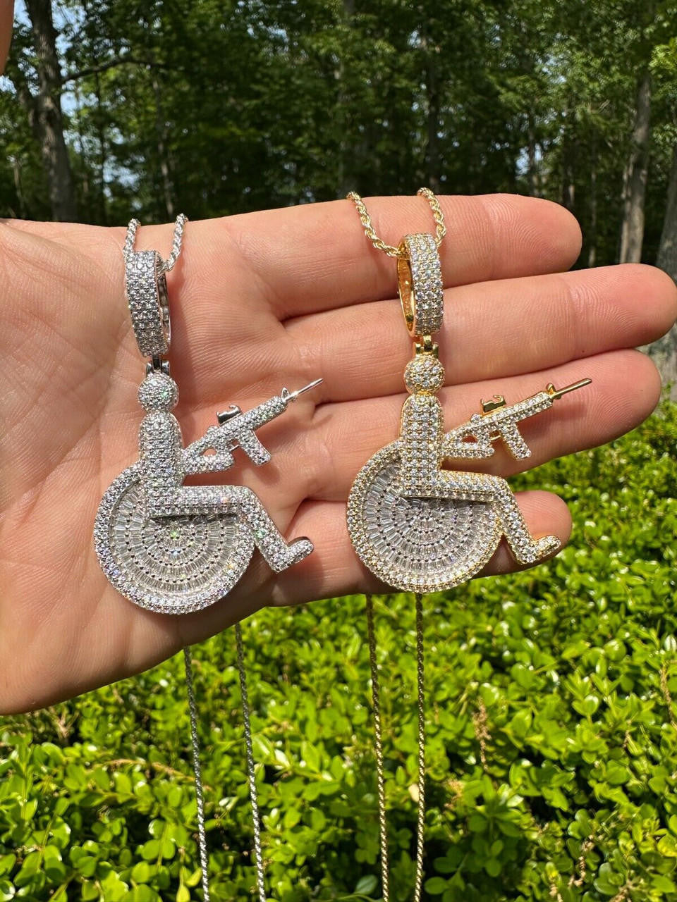 HarlemBling Moissanite Handicap In Wheelchair & AK47 Gun 925 Silver/Gold Plated Iced Pendant