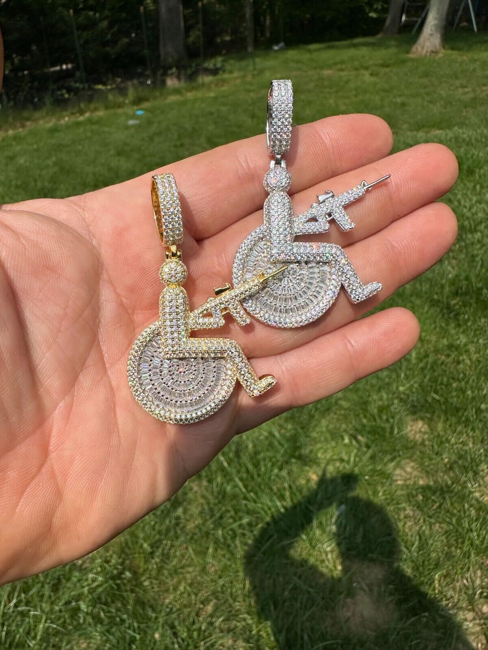 HarlemBling Moissanite Handicap In Wheelchair & AK47 Gun 925 Silver/Gold Plated Iced Pendant