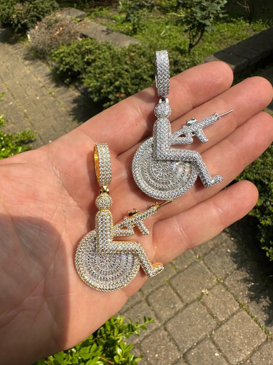 HarlemBling Moissanite Handicap In Wheelchair & AK47 Gun 925 Silver/Gold Plated Iced Pendant