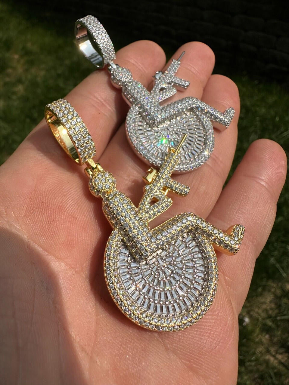HarlemBling Moissanite Handicap In Wheelchair & AK47 Gun 925 Silver/Gold Plated Iced Pendant