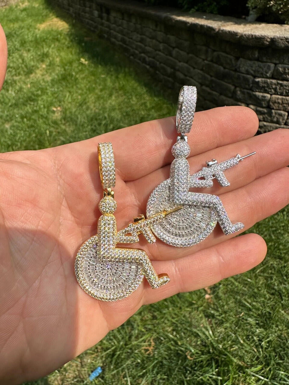 HarlemBling Moissanite Handicap In Wheelchair & AK47 Gun 925 Silver/Gold Plated Iced Pendant