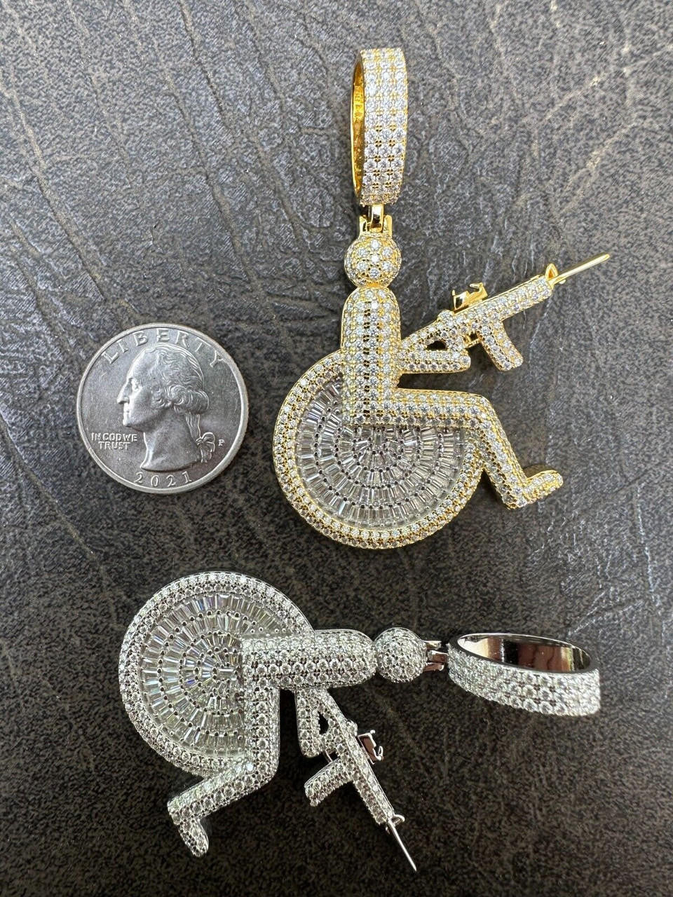 HarlemBling Moissanite Handicap In Wheelchair & AK47 Gun 925 Silver/Gold Plated Iced Pendant