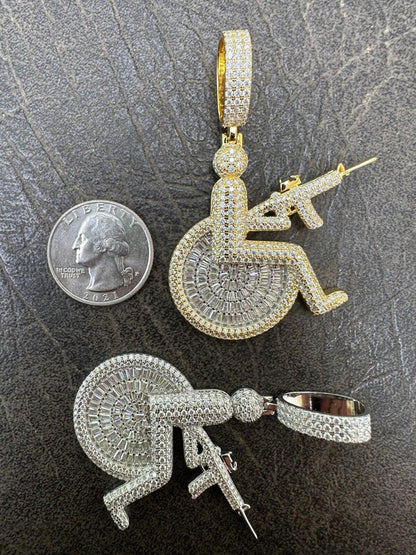 HarlemBling Moissanite Handicap In Wheelchair & AK47 Gun 925 Silver/Gold Plated Iced Pendant