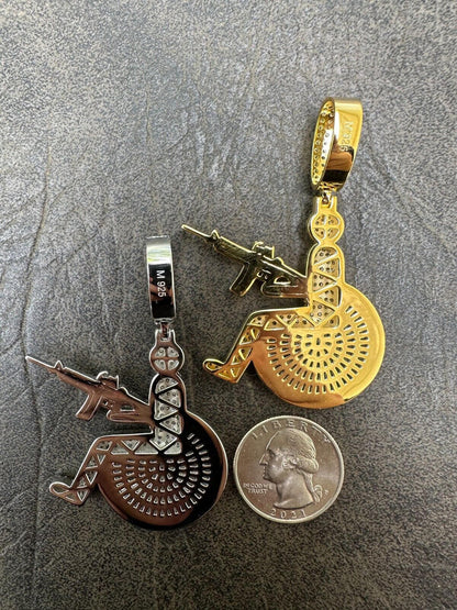 HarlemBling Moissanite Handicap In Wheelchair & AK47 Gun 925 Silver/Gold Plated Iced Pendant