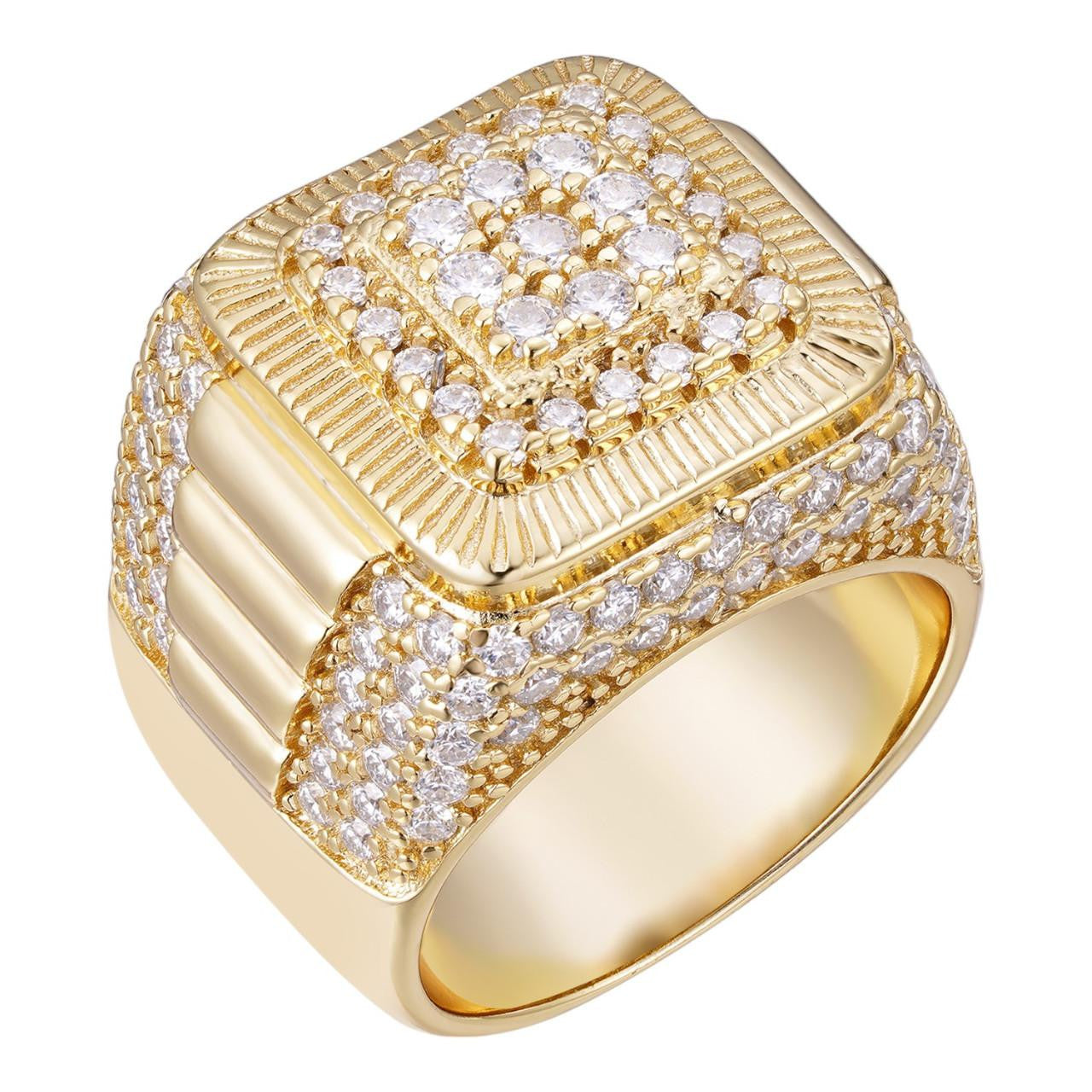 HarlemBling MOISSANITE Heavy Square Iced Out Ring - 14k Yellow Gold Vermeil 925 Silver