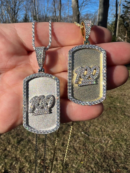 HarlemBling MOISSANITE Hip Hop 925 Silver / Gold Keep It 100 Dog Tag Iced Pendant Necklace