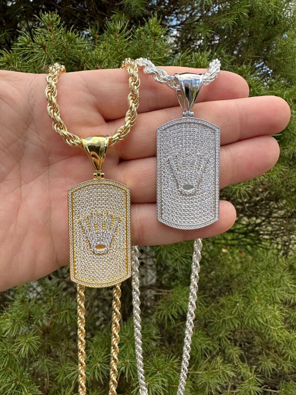 HarlemBling MOISSANITE Hip Hop 925 Silver / Gold Rolex Crown King Dog Tag Iced Pendant Necklace