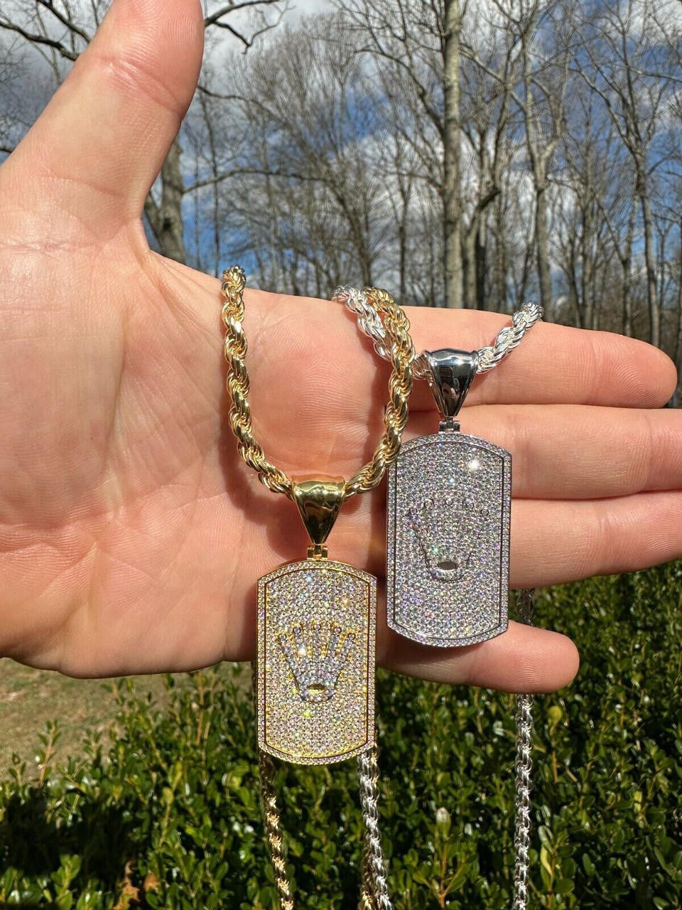 HarlemBling MOISSANITE Hip Hop 925 Silver / Gold Rolex Crown King Dog Tag Iced Pendant Necklace