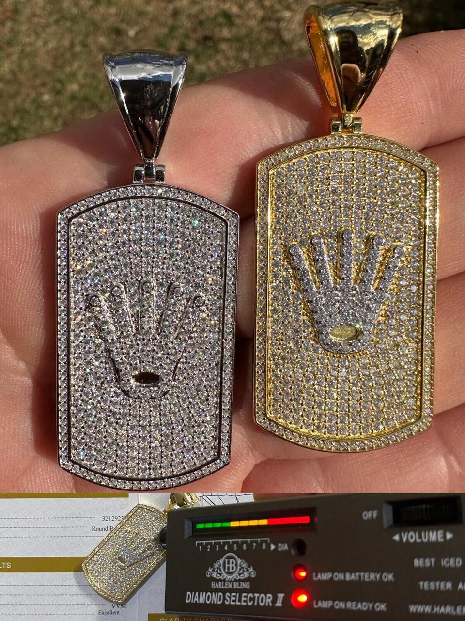 HarlemBling MOISSANITE Hip Hop 925 Silver / Gold Rolex Crown King Dog Tag Iced Pendant Necklace