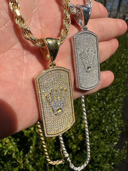 HarlemBling MOISSANITE Hip Hop 925 Silver / Gold Rolex Crown King Dog Tag Iced Pendant Necklace