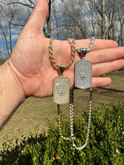 HarlemBling MOISSANITE Hip Hop 925 Silver / Gold Rolex Crown King Dog Tag Iced Pendant Necklace