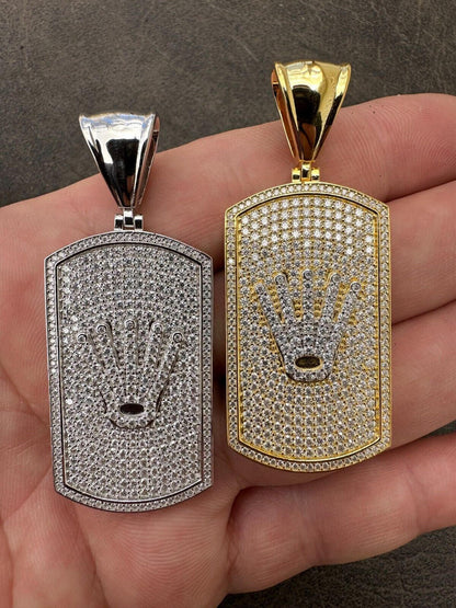 HarlemBling MOISSANITE Hip Hop 925 Silver / Gold Rolex Crown King Dog Tag Iced Pendant Necklace