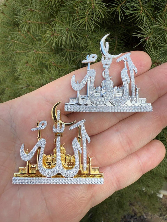 HarlemBling MOISSANITE Holy City Mecca & Allah Pendant - 14k Gold Vermeil or 925 Silver - Medium 2"