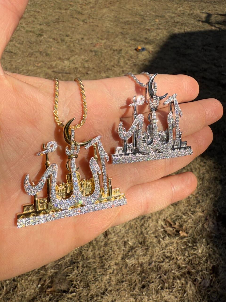 HarlemBling MOISSANITE Holy City Mecca & Allah Pendant - 14k Gold Vermeil or 925 Silver - Medium 2"